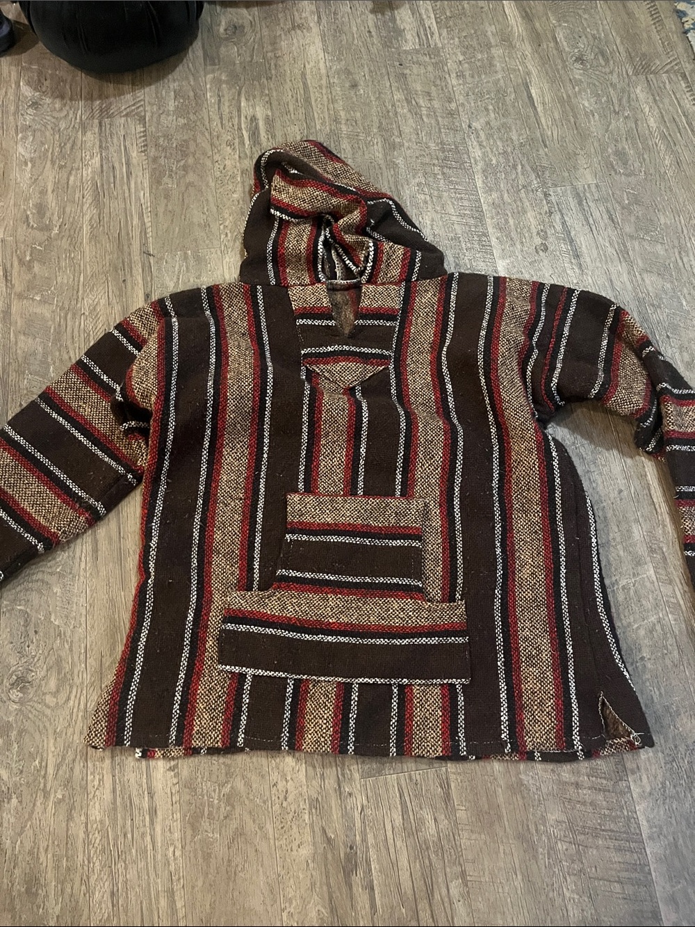 Hooded Baja Pullover Sweater - Brown & Red Stripes